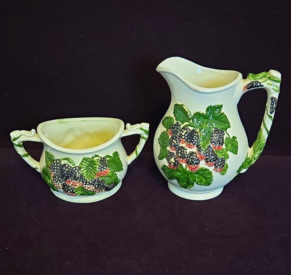 Vintage Atlantic Mold Blackberry Ceramic Creamer & Sugar Bowl Set Signed Rose
